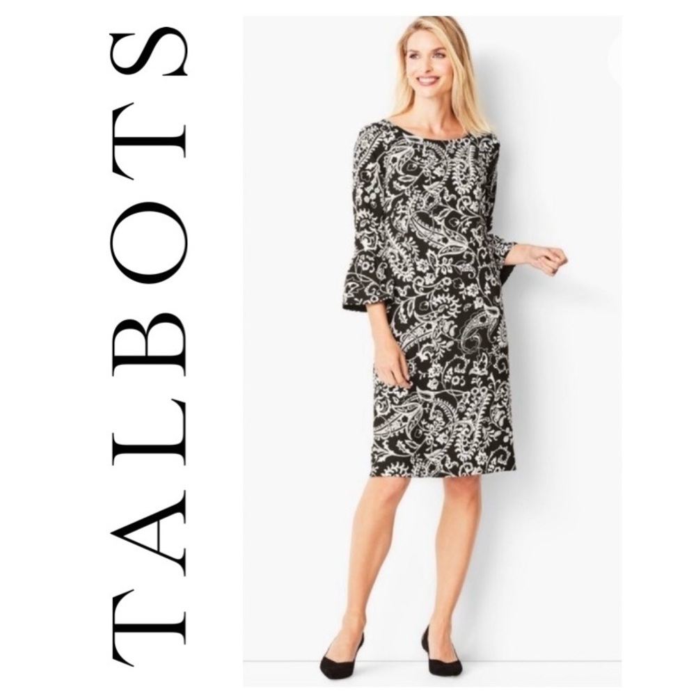 TALBOTS Paisley Crepe Shift Dress Black White 3/4 Bell Flounce Sleeve Women's 14